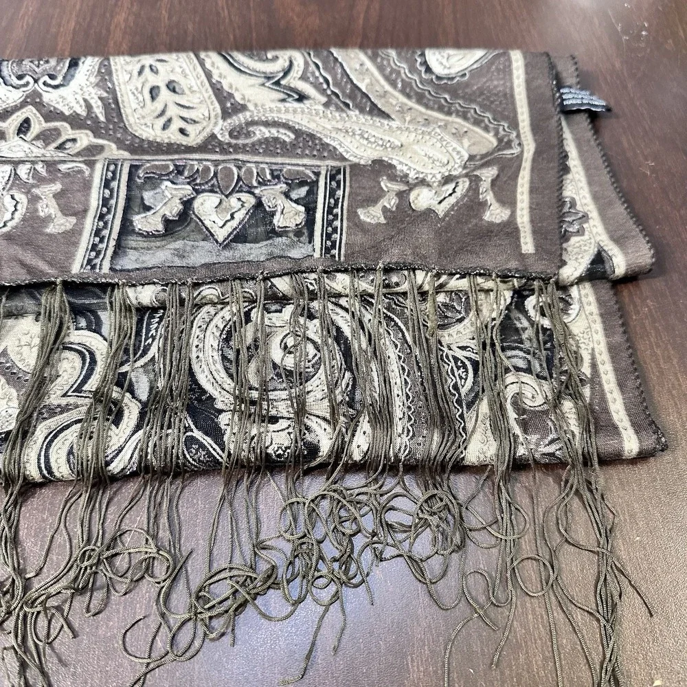Paisley Scarf Brown Beige Olive Metallic Thread Fringe Tassel Boho Womens